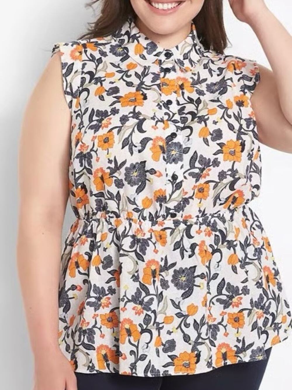 Lane Bryant Classic Button Down Peplum Top Orange Floral Linen Blend Plus SZ 24